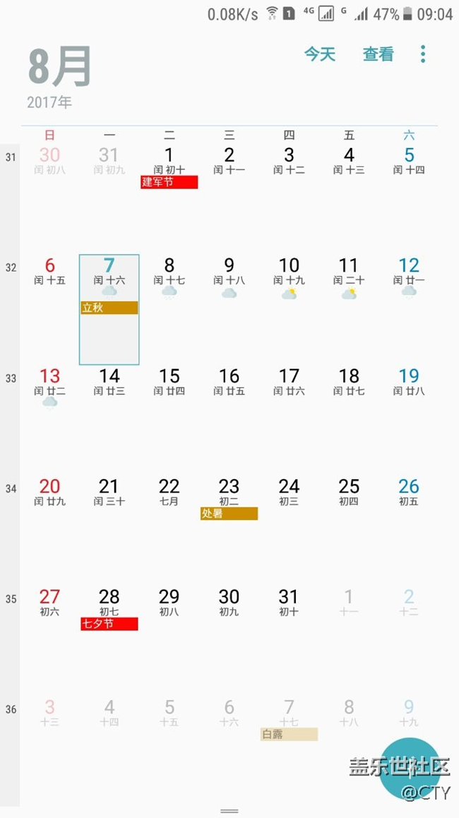 日歷提醒才知道。。原來今天都立秋了，還那么熱