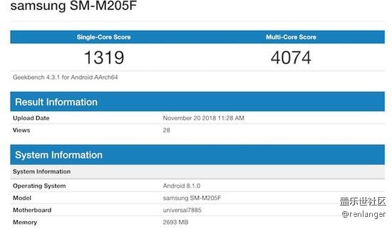 三星Galaxy M20跑分首曝光：搭載Exynos 7885