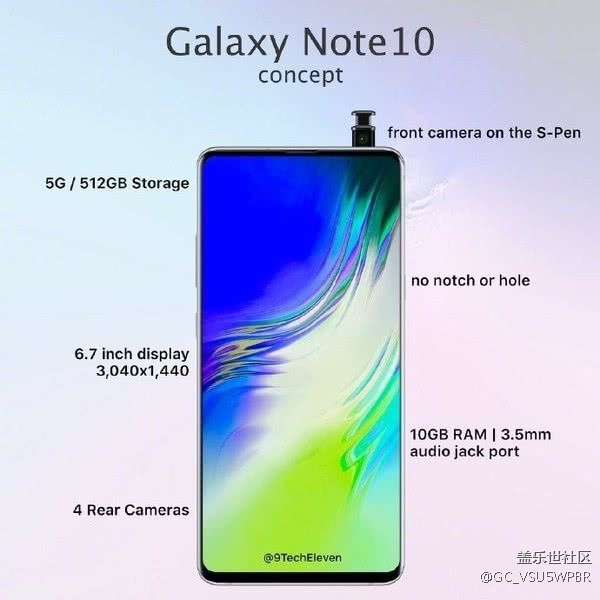 三星Note10渲染圖，前置鏡頭集成手寫筆，再見(jiàn)“膠囊屏”